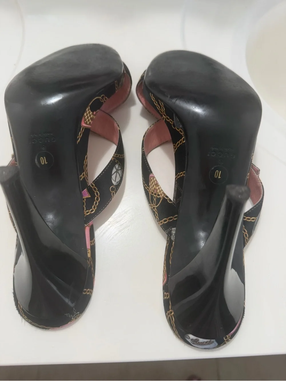 Gucci Pink and Black Chain-Print Heeled Slide Sandals